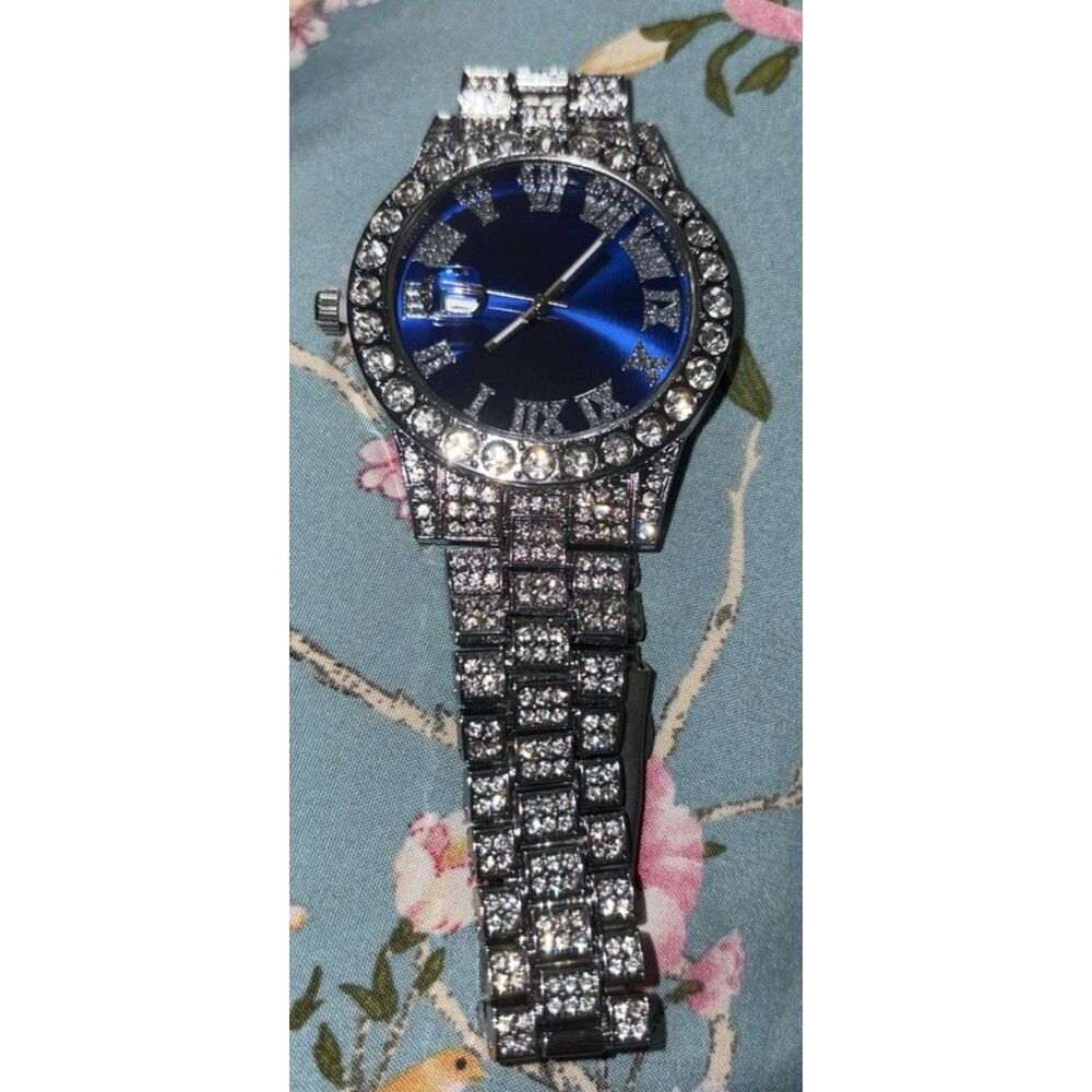 Iced Out Blue Dial Fashion Watch